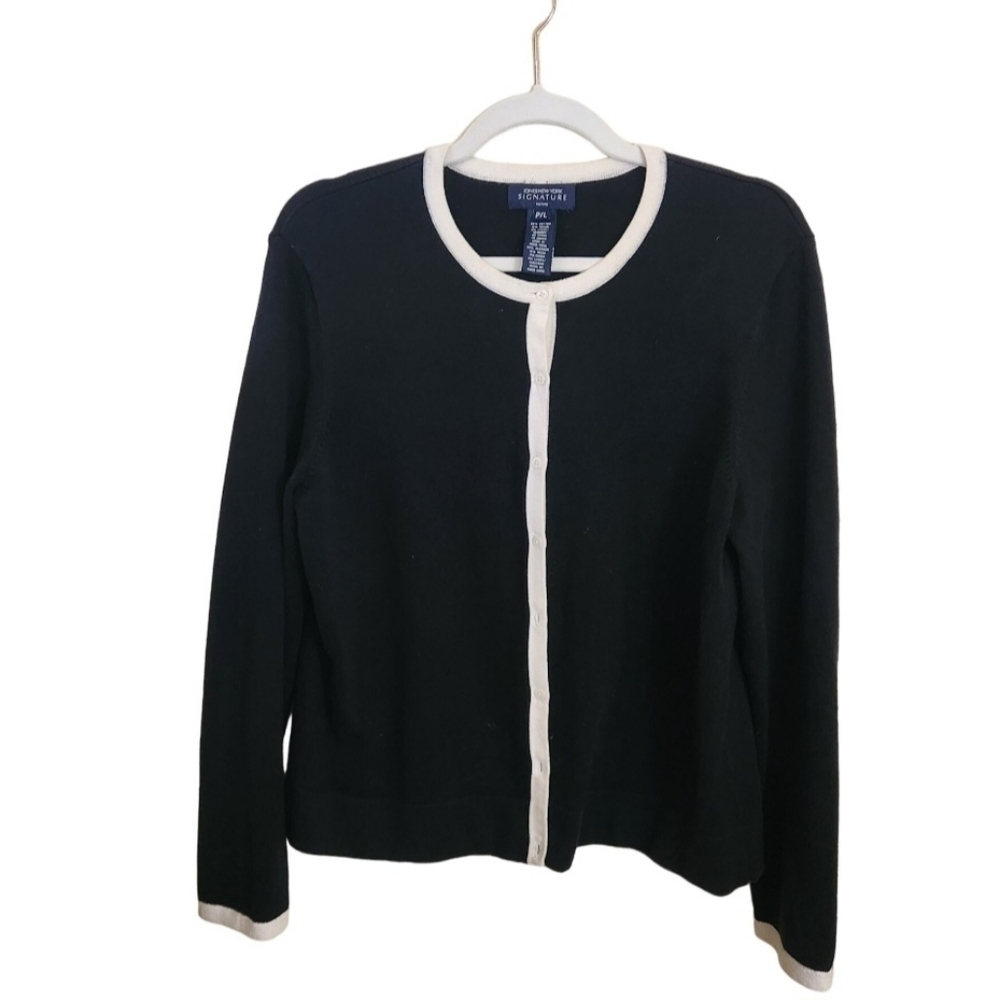 Vintage Jones New York Classic Black With White Trim Cardigan Sweater Size LP